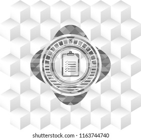 list icon inside grey emblem with cube white background