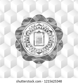 list icon inside grey emblem with geometric cube white background