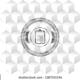 list icon inside grey emblem with geometric cube white background