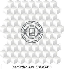 list icon inside grey emblem with geometric cube white background