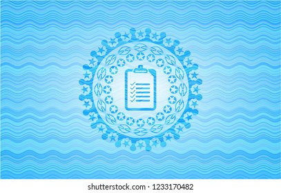 list icon inside light blue water wave emblem.