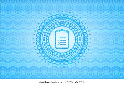 list icon inside light blue water wave style emblem.