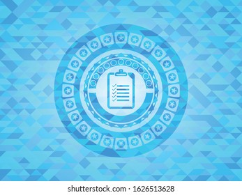 list icon inside light blue emblem with triangle mosaic background