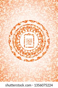 list icon inside orange tile background illustration. Square geometric mosaic seamless pattern with emblem inside.