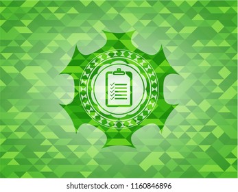 list icon inside realistic green emblem. Mosaic background