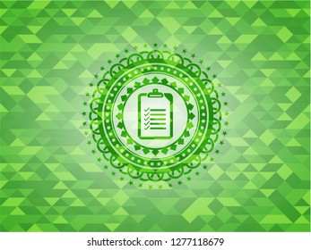 list icon inside realistic green emblem. Mosaic background