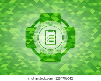 list icon inside realistic green emblem. Mosaic background