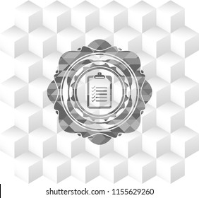 list icon inside realistic grey emblem with cube white background