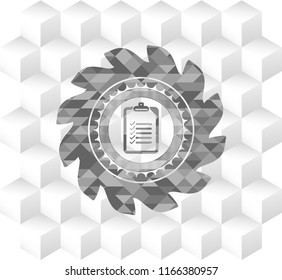 list icon inside realistic grey emblem with geometric cube white background