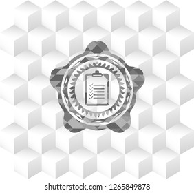 list icon inside realistic grey emblem with cube white background
