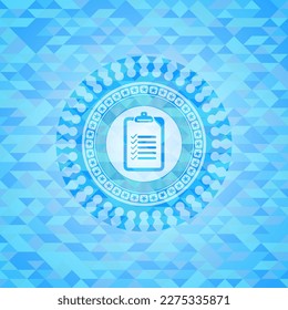list icon inside realistic sky blue emblem. Mosaic background. 