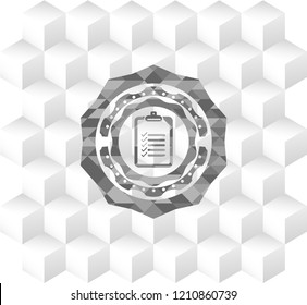 list icon inside retro style grey emblem with geometric cube white background