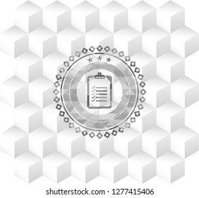 list icon inside retro style grey emblem with geometric cube white background