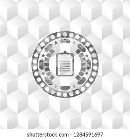 list icon inside retro style grey emblem with geometric cube white background
