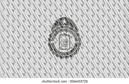 list icon inside silver color badge or emblem. Scales pattern. Vector Illustration. Detailed. 