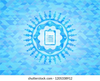 list icon inside sky blue emblem with triangle mosaic background