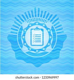 list icon inside sky blue water wave style emblem.