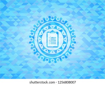 list icon inside sky blue emblem with triangle mosaic background