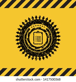 list icon inside warning sign, black grunge emblem. Vector Illustration. Detailed.