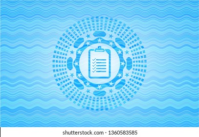 list icon inside water wave representation style emblem.