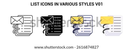 List icon represented by List symbol Line, Filled, Color, flat style.