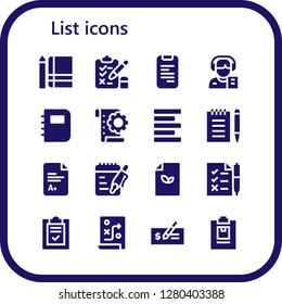  list icon set. 16 filled list icons. Simple modern icons about  - Notebook, Test, Phone book, Reporter, Planning, Left alignment, Notepad, Exam, Notes, Paper, Tasks, List, Check