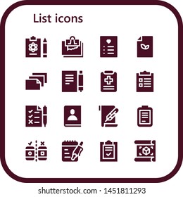 list icon set. 16 filled list icons.  Collection Of - Report, Note, Wishlist, Paper, Medical report, Checklist, Tasks, Agenda, Form, Testing, Notes, List, Plan