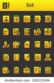 list icon set. 26 filled list icons.  Collection Of - Agenda, Notepad, List, Encore, Plan, Exam, Left alignment, Note, Reporter, Clipboard, Paper, Notebook, Tasks, Notes, Receipt