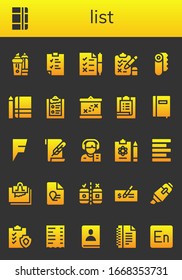 list icon set. 26 filled list icons. Included Highlighter, Notebook, Clipboard, Tasks, Test, Paper, Boarding, Task, Foursquare, Reporter, Report, Left alignment, Note, Testing icons