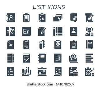 list icon set. 30 filled list icons.  Simple modern icons about  - Agenda, Form, Clipboard, Paper, Note, Encore, Notebook, Reporter, Phone book, Medical report, Notepad, List
