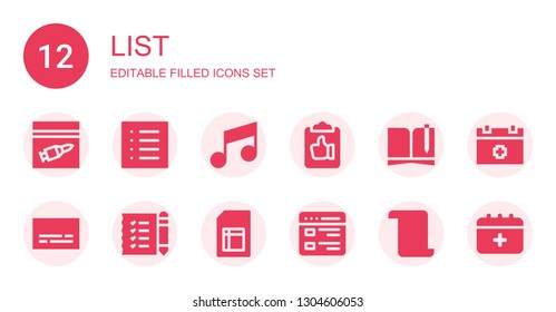 list icon set. Collection of 12 filled list icons included Evidence, List, Note, Clipboard, Notebook, Subtitles, Shopping Sheet, Schedule