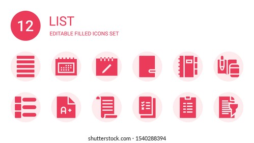 list icon set. Collection of 12 filled list icons included Justify, Schedule, Notes, Notebook, List, Exam, Check Report
