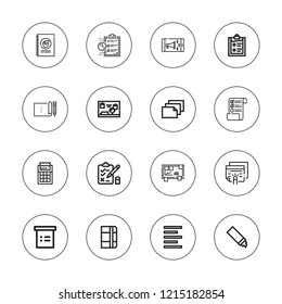 List icon set. collection of 16 outline list icons with clipboard, highlighter, left alignment, list, note, paper, notebook, notepad, receipt, promotion icons.