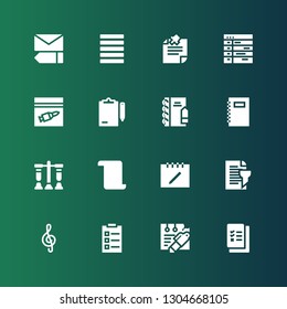 list icon set. Collection of 16 filled list icons included Check list, Note, Report, Notes, Test, Notebook, Notepad, Clipboard, Evidence, Schedule, Justify, Edit