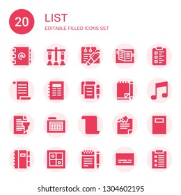 list icon set. Collection of 20 filled list icons included Address book, Test, Note, Notebook, Clipboard, List, Notepad, Report, Schedule, Evaluation, Notes, Subtitles
