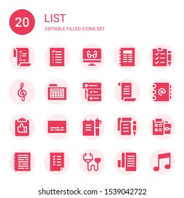 list icon set. Collection of 20 filled list icons included List, Reading mode, Notebook, Check Note, Schedule, Tasks, Address book, Clipboard, Subtitles, Notepad, Medical insurance