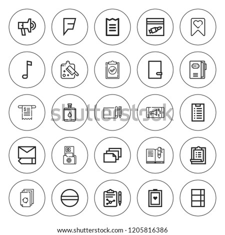 List icon set. collection of 25 outline list icons with board, clipboard, canteen, evidence, edit, foursquare, medical report, pad, paper, note icons. editable icons.