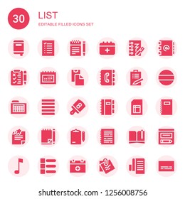 list icon set. Collection of 30 filled list icons included Notebook, List, Notes, Schedule, Notepad, Paste clipboard, Contact book, Justify, Board, Sheet, Note, Clipboard, Address book