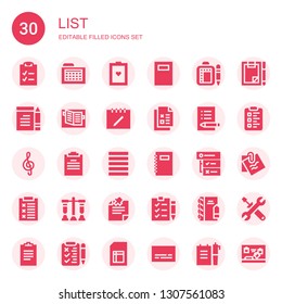 list icon set. Collection of 30 filled list icons included Checklist, Schedule, Test, Notebook, Note, Notes, Exam, Clipboard, Justify, Tasks, Report, Check list, Notepad, Forms