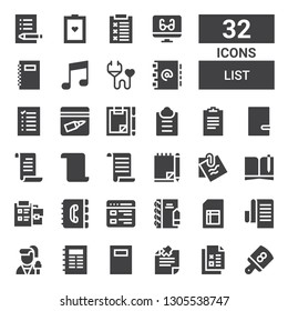 list icon set. Collection of 32 filled list icons included Board, Checklist, Note, Notebook, Reporter, List, Sheet, Notepad, Contact book, Clipboard, Guest Forms, Evidence