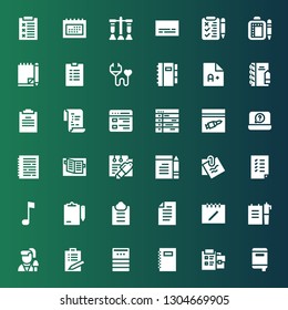 list icon set. Collection of 36 filled list icons included Notebook, Notepad, Note, List, Reporter, Notes, Paper, Guest Clipboard, Tasks, Evidence, Schedule, Exam, Medical insurance