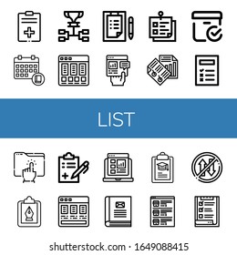 Liste Symbol gesetzt. Sammlung von Bericht, Zeitplan, Preisliste, Checkliste, Stickliste, Papier, Kästchen, Verzeichnis, Zwischenablage, Medizinische Meldung, Kontaktbuch, Liste, Prioritätssymbole
