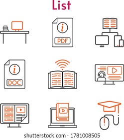 conjunto de iconos de lista. incluido escritorio, pdf, e-book, instructor, escuela, aprendizaje, libro, e-learning, iconos de doc. estilos bicolores.