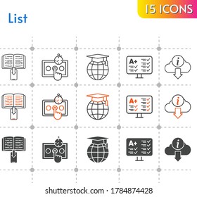 list icon set. included e-book, test, school, information icons on white background. linear, bicolor, filled styles.