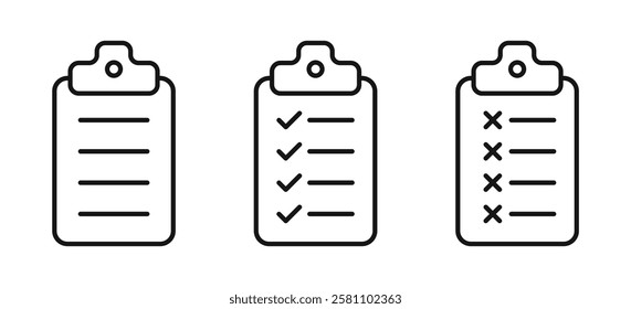 List icon set. List item files line icon with checkmark and cross mark. Editable stroke vector illustration