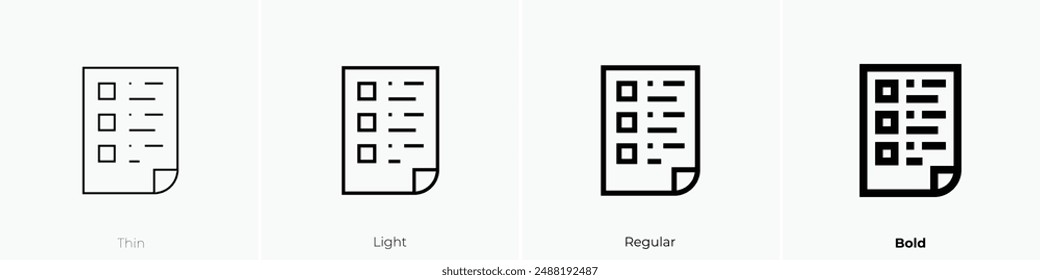 icono de lista. Diseño de estilo fino, ligero, regular y audaz aislado sobre fondo blanco