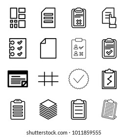 List icons. set of 16 editable outline list icons such as plan, pointing on document, paper, check list, clipboard with chart, clipboard, checklist, grid
