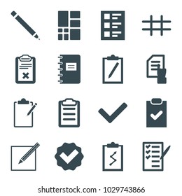 List icons. set of 16 editable filled list icons such as pointing on document, tick, clipboard with chart, clipboard, check list, checklist, paper and pen, grid, notepad