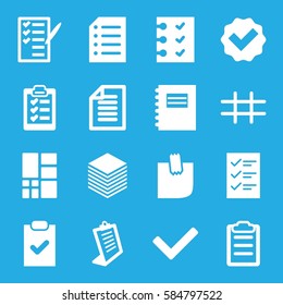 list icons set. Set of 16 list filled icons such as clipboard, check list, glued note, checklist, paper, grid, tick