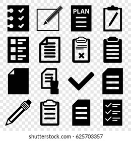 List icons set. set of 16 list filled icons such as pointing on document, pen, clipboard, checklist, paper and pen, paper, plan, tick